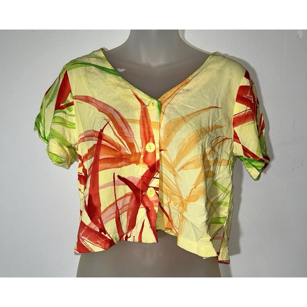 Vtg Jams World Hawaiian Cropped Shirt Button Up Bright Neon Floral Art Print S